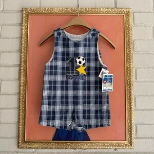 NWT!! Vintage 80s 90s Samara Blue Soccer Plaid Short-all Jon Jon 4T Boys NOS
